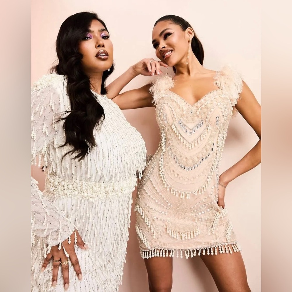 ASOS LUXE mini dress with pearl embellishments and feather straps size 0